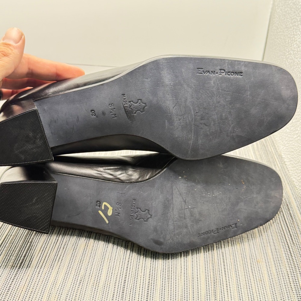 Evan-Picone Black Leather Loafers Size 8.5M Square Toe Block Heel Made in Spain - Picture 7 of 9